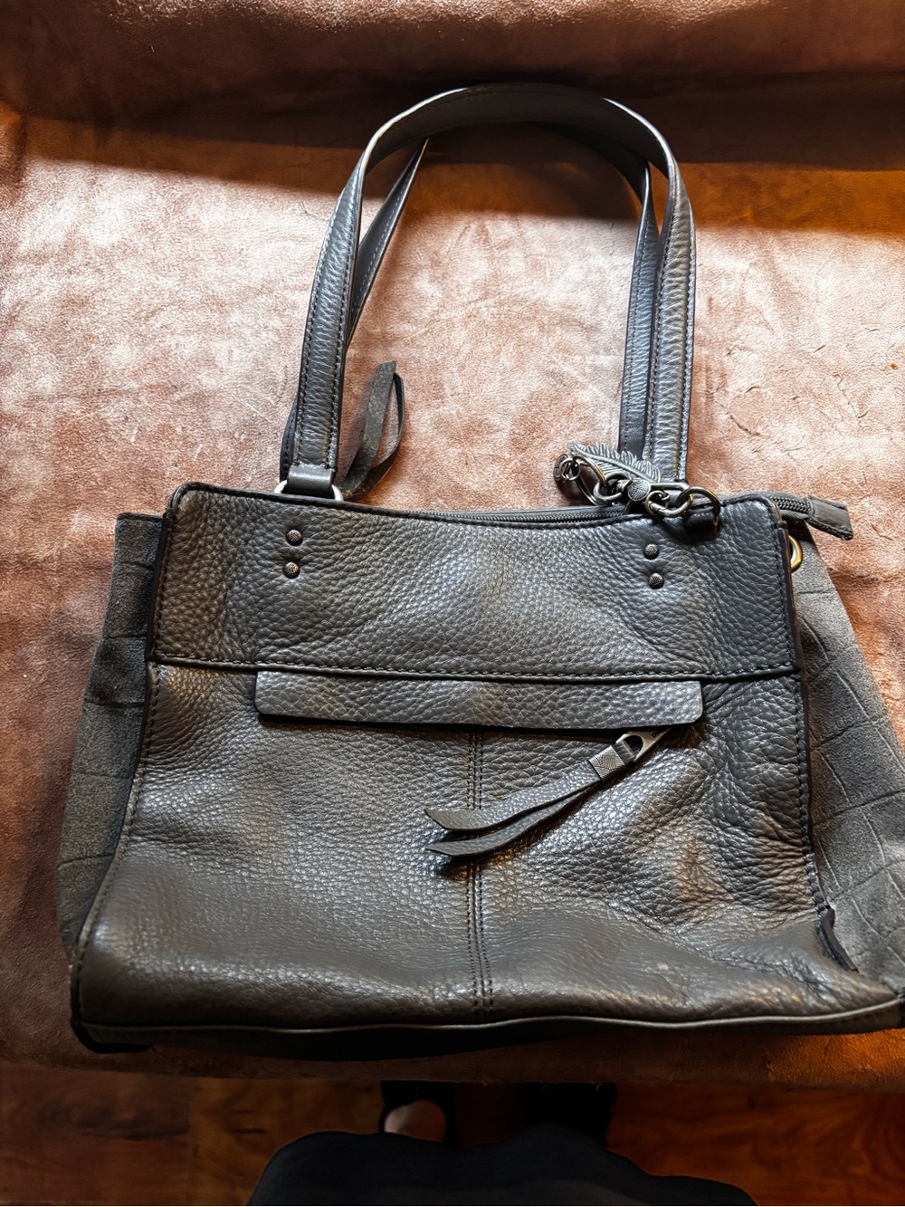 The Sak Black Pebbled Leather Satchel with Chain Accent